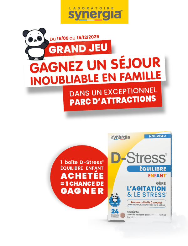 Laboratoire Synergia - Du 15/09 au 15/12 2025 - Gagnez un séjour inoubliable en famille dans un exceptionnel parc d\'attractions - 1 boite D-Stress équilibre enfant achetée = 1 chance de gagner